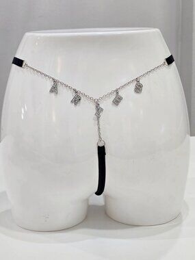 HOROSCOPEZ ✦ Aries Charm Thong ✦ Black Rhinestone Front Panel Zodiac Chain Back